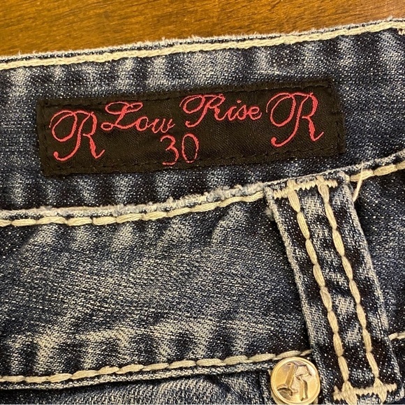 Rock & Roll Cowgirl 30 (11) Denim Mini Skirt Embellished Logo Stretch Low Rise - Picture 8 of 13